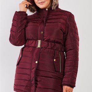 Plus Size Wine Parallel Quilt Faux Fur Hood Belted Padded Long Puffer Jacket